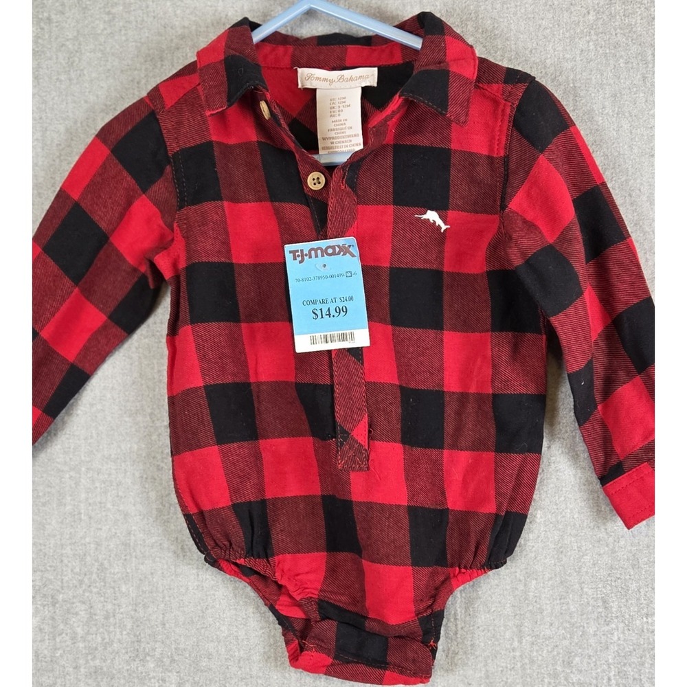 Tommy Bahama Infant Boys 12 Months Black Red Buffalo Plaid One Piece Logo NEW